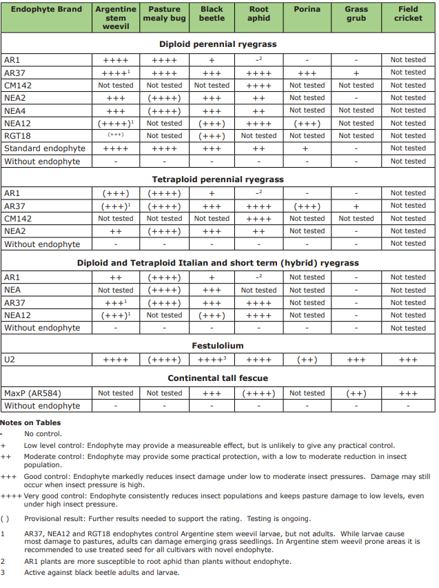 Endophyte insect control ratings | Barenbrug
